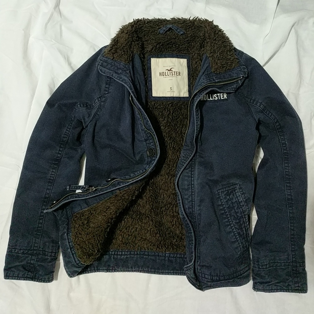 Hollister Mens Sherpa Fur Lined Navy Blue Jacket S